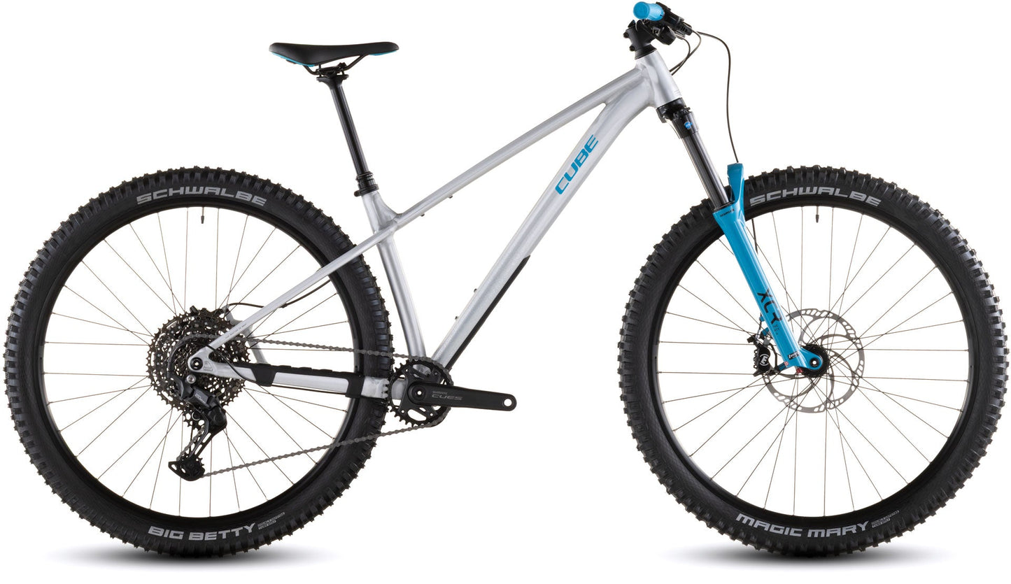 Bicicleta CUBE Reaction TM ONE 2026 rawmetal blue - Vista lateral completa MTB rígida